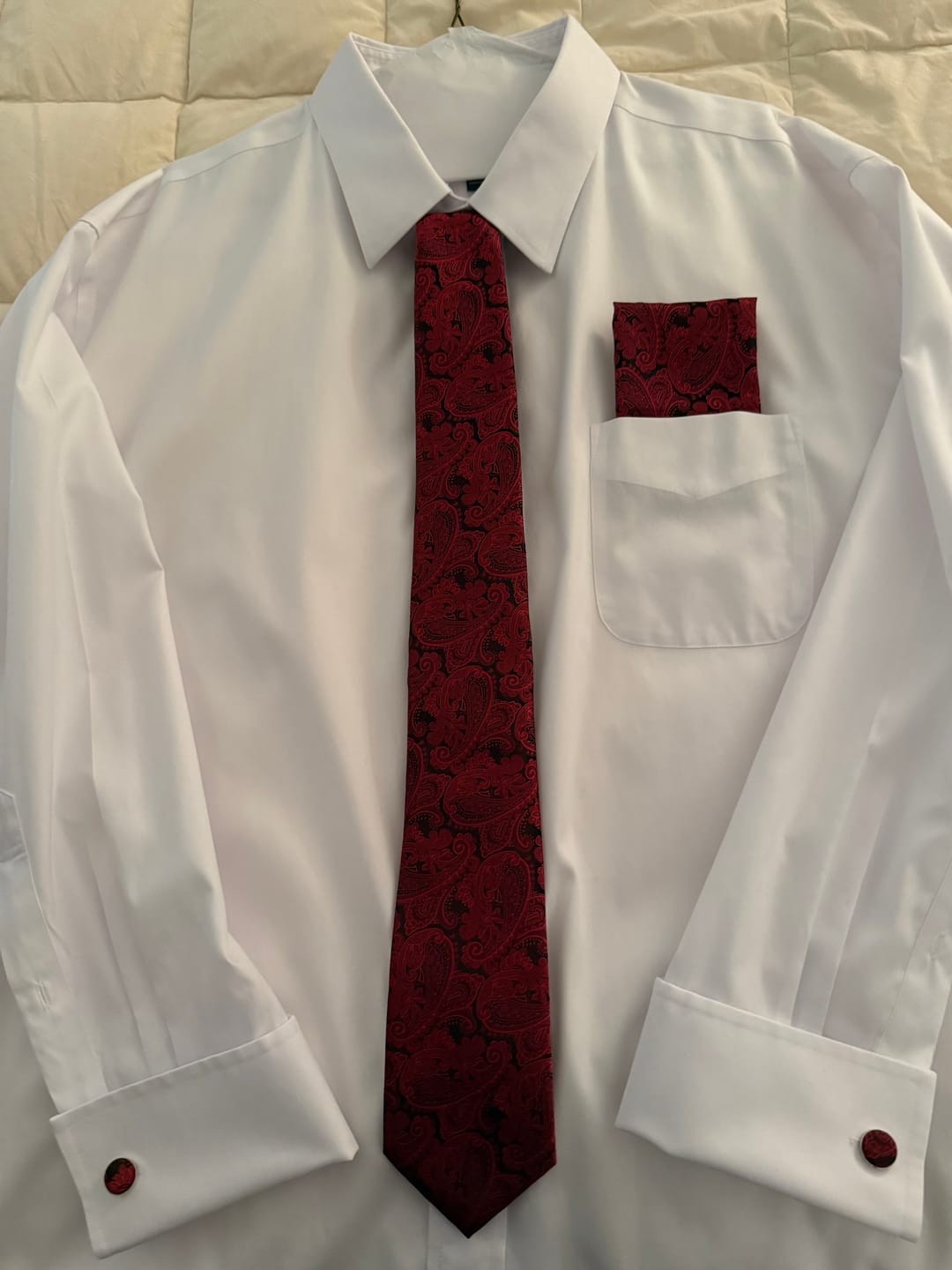 Customer photo review of Barry. Wang Burgundy Tie Set for Men Paisley Silk Necktie Pocket Square Cufflinks Set