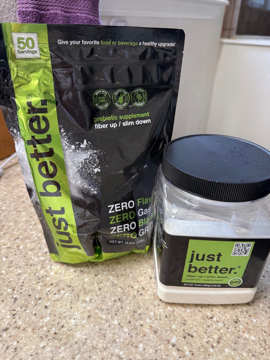 Customer photo review of Combo Pack - 300g Container + 300g Refill Pouch of just better.® prebiotic fiber
