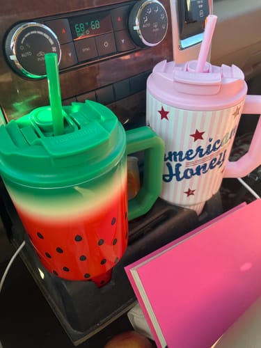 Customer's Thicc Buddy 50oz Watermelon Kiss mug with a green straw, sitting in a car's cup holder next to another mug.