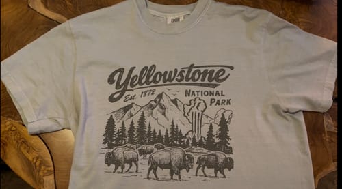 Customer's light-colored Yellowstone 'Vintage Sketch' T-Shirt laid flat, showing the retro buffalo and peaks graphic.