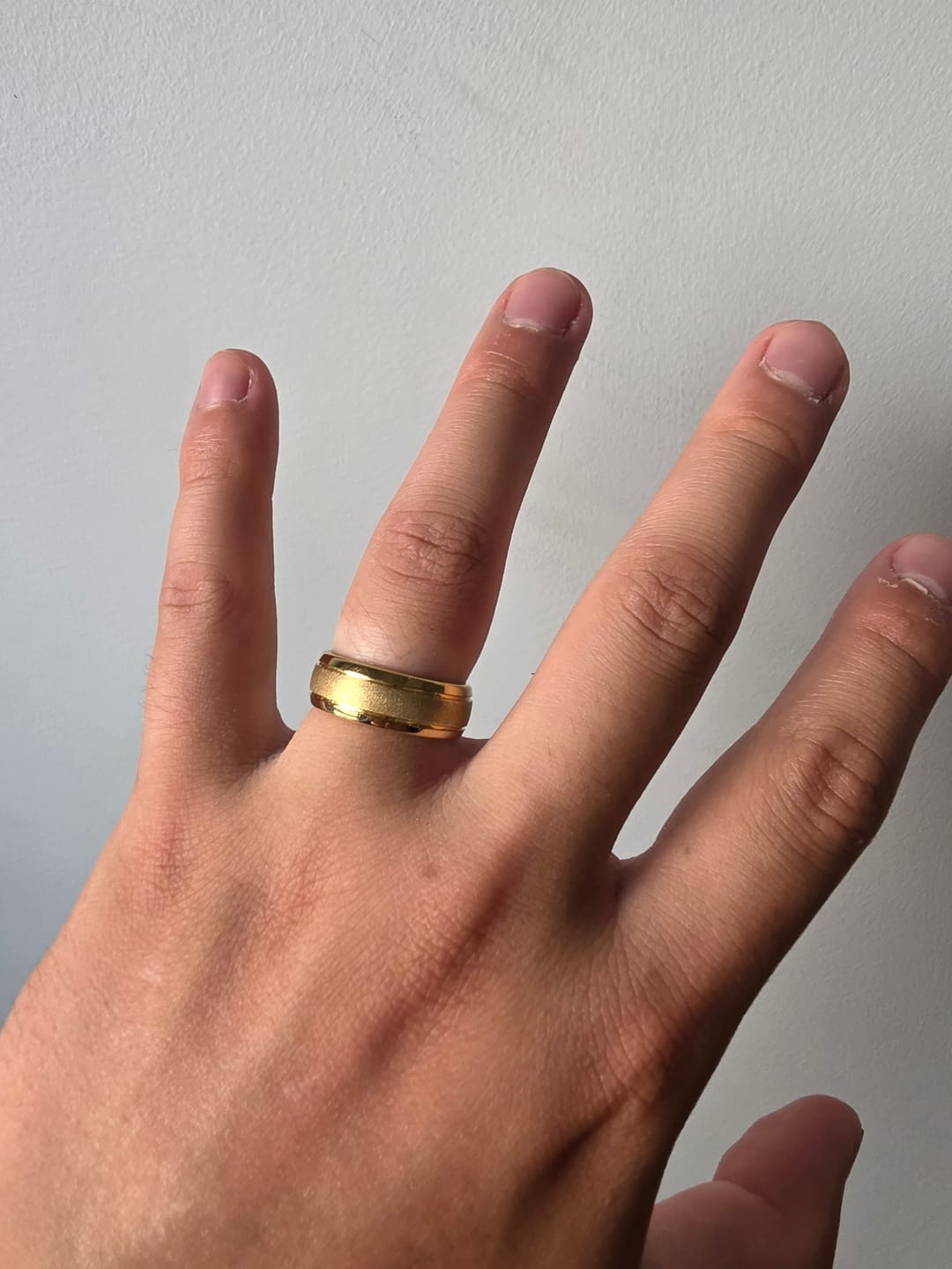 Customer photo review of 8mm 18k Gold Tungsten Wedding Band Sandblasted Center Double Groove Ring