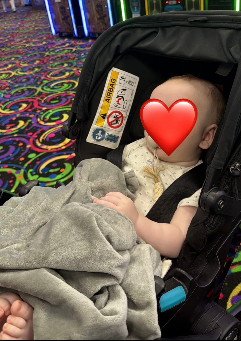 Customer photo review of MinkyBee Stroller Blanket ~ Grey/Ivory