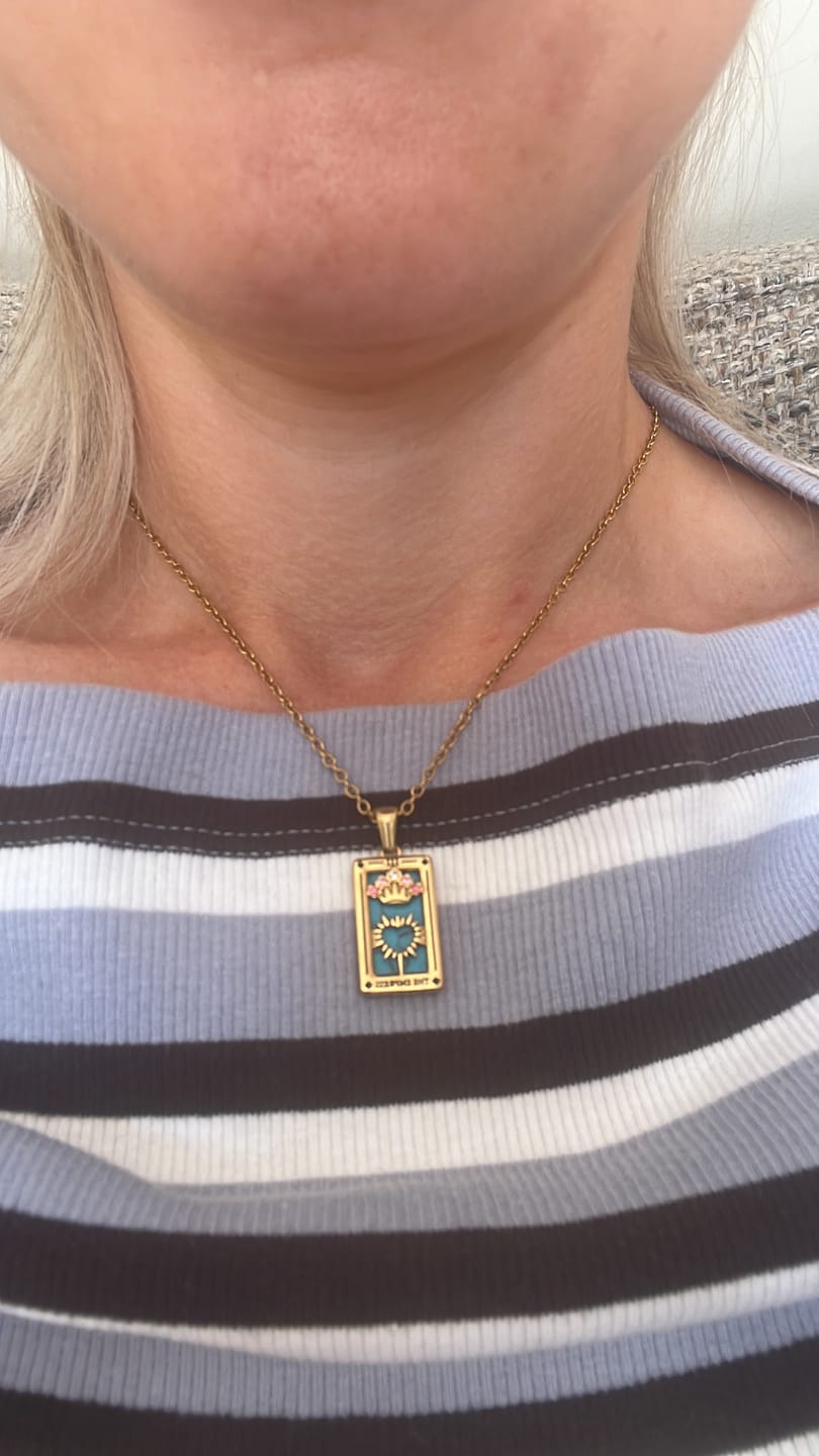Customer photo review of The Empress - Tarot Card 18k | Silver Dainty Necklace with Blue Enamel