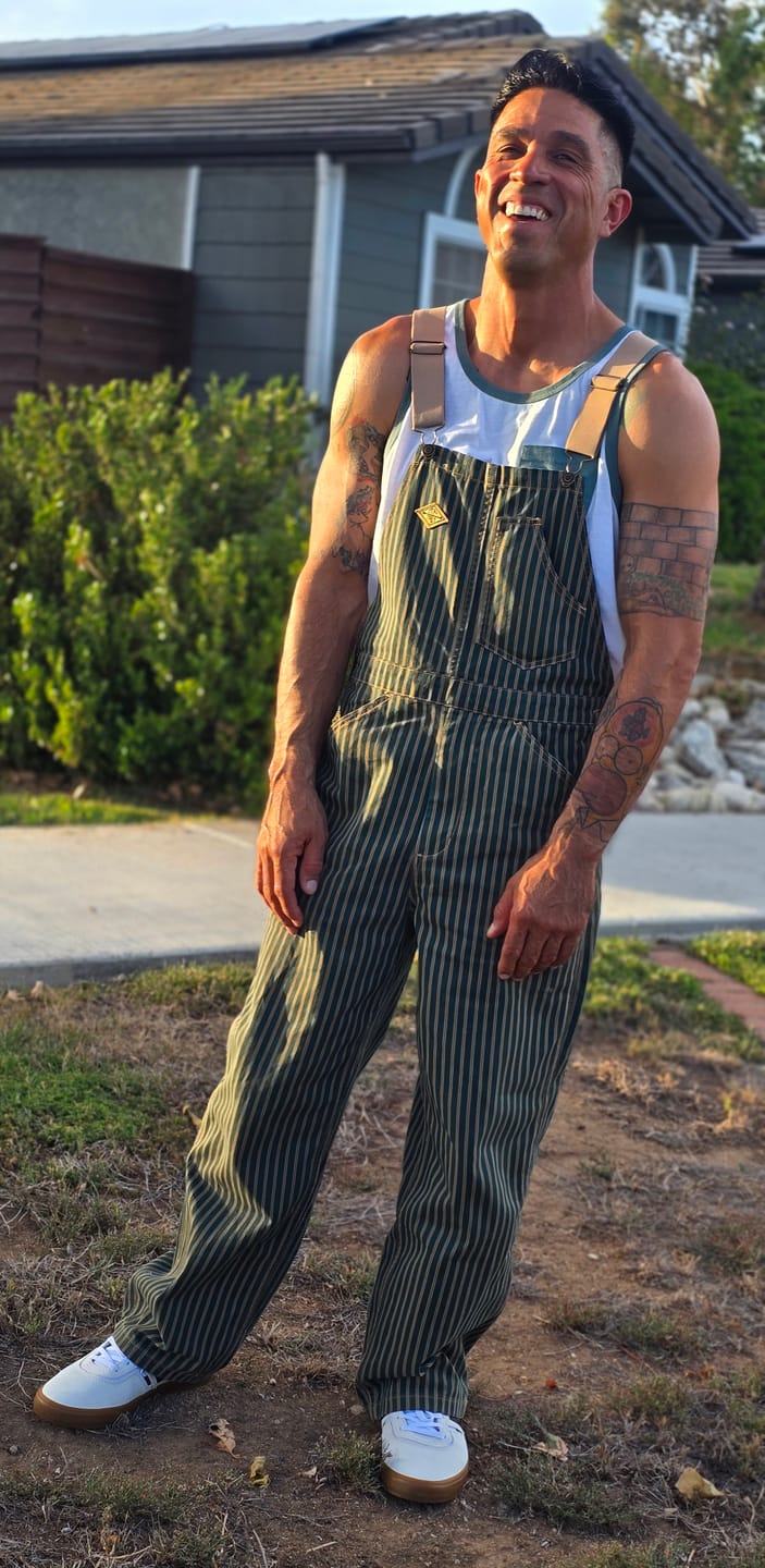 Customer photo review of “STAY TRUE” Embroidered Patch Two-Tone Striped Overalls