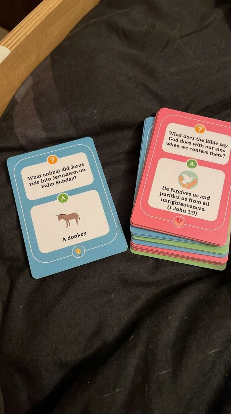 Customer photo review of Who Taught Me The Bible? Christian Family Game Cards (100+ Unique Questions)