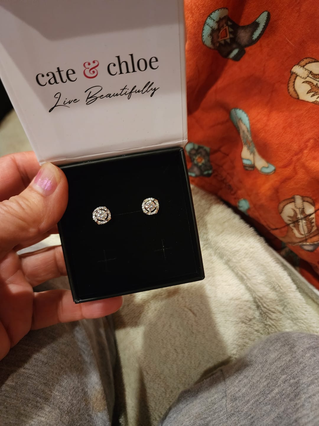 Customer photo review of Moissanite by Cate & Chloe Jemma 18k Gold Plated 925 Sterling Silver Stud Earrings 1.12tcw
