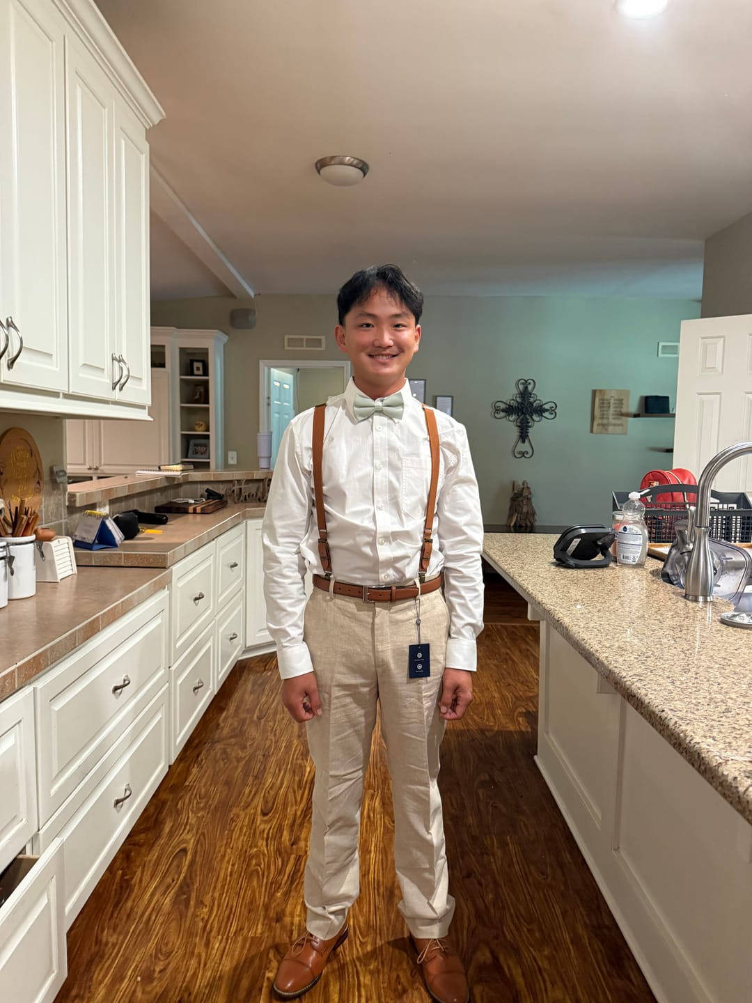 Customer photo review of Sage Bow Tie & Cognac Buckle Suspenders Set