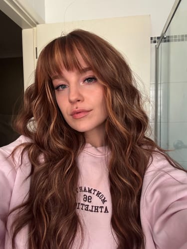 Customer photo review of JBEXTENSION 28 Inches Scalpiana Long Wave Toasted Sienna 3.5X4 Hard Silky Top Natural Scalp Effect Wig with Bangs OSSIE LONG - TOASTED SIENNA