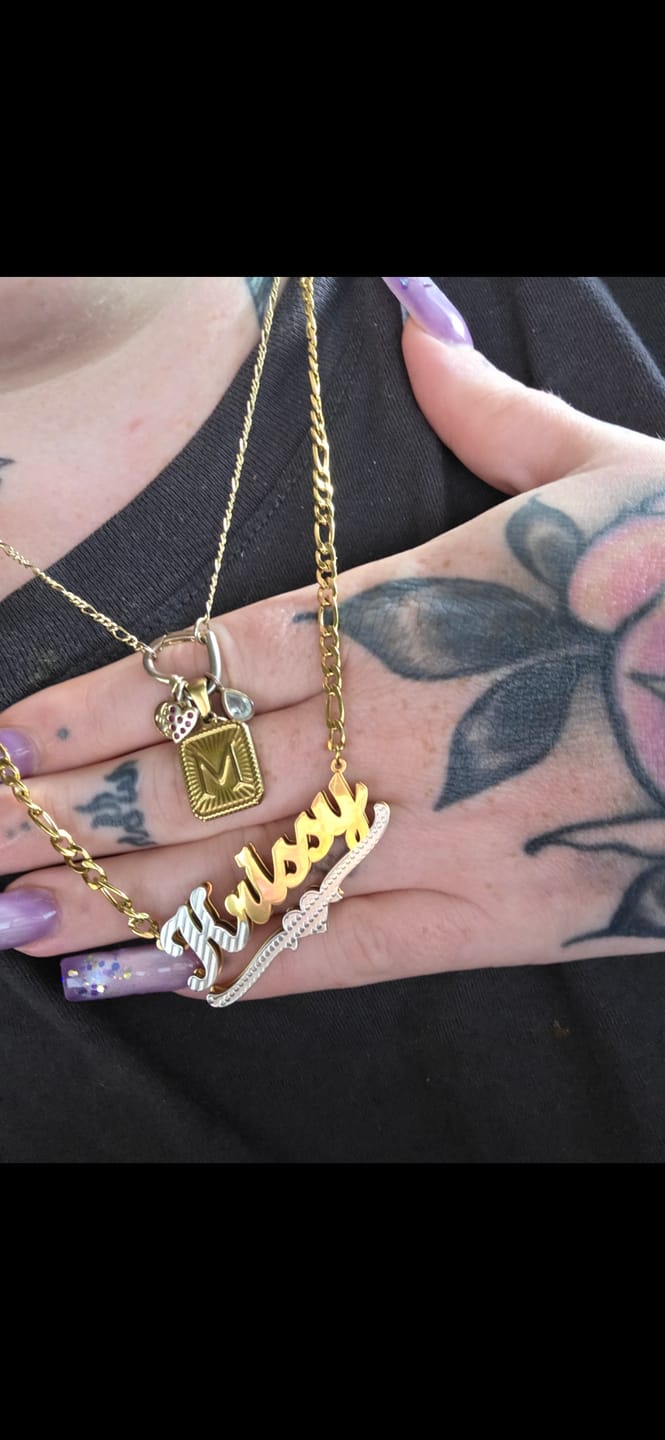 Customer photo review of Double Plated Script Name Necklace w/ Figaro Chain