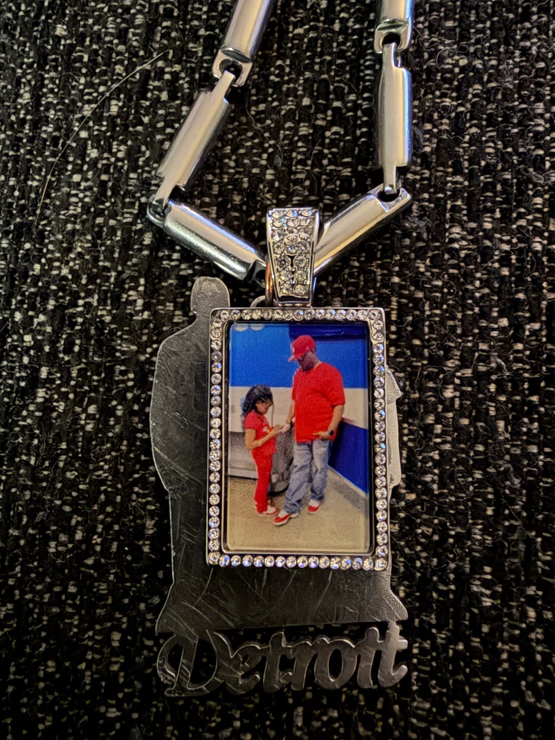 Customer photo review of Personalized Diamond Studded Colorful Rectangle Photo Necklace