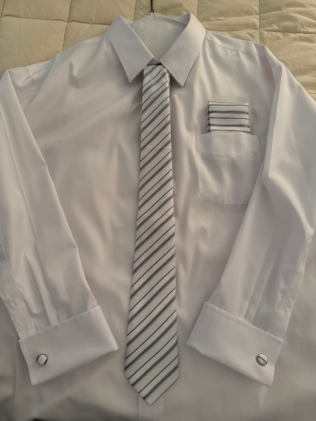 Customer photo review of Ties2you White Necktie for Men Striped Silk Tie Handkerchief Cufflinks Set Business
