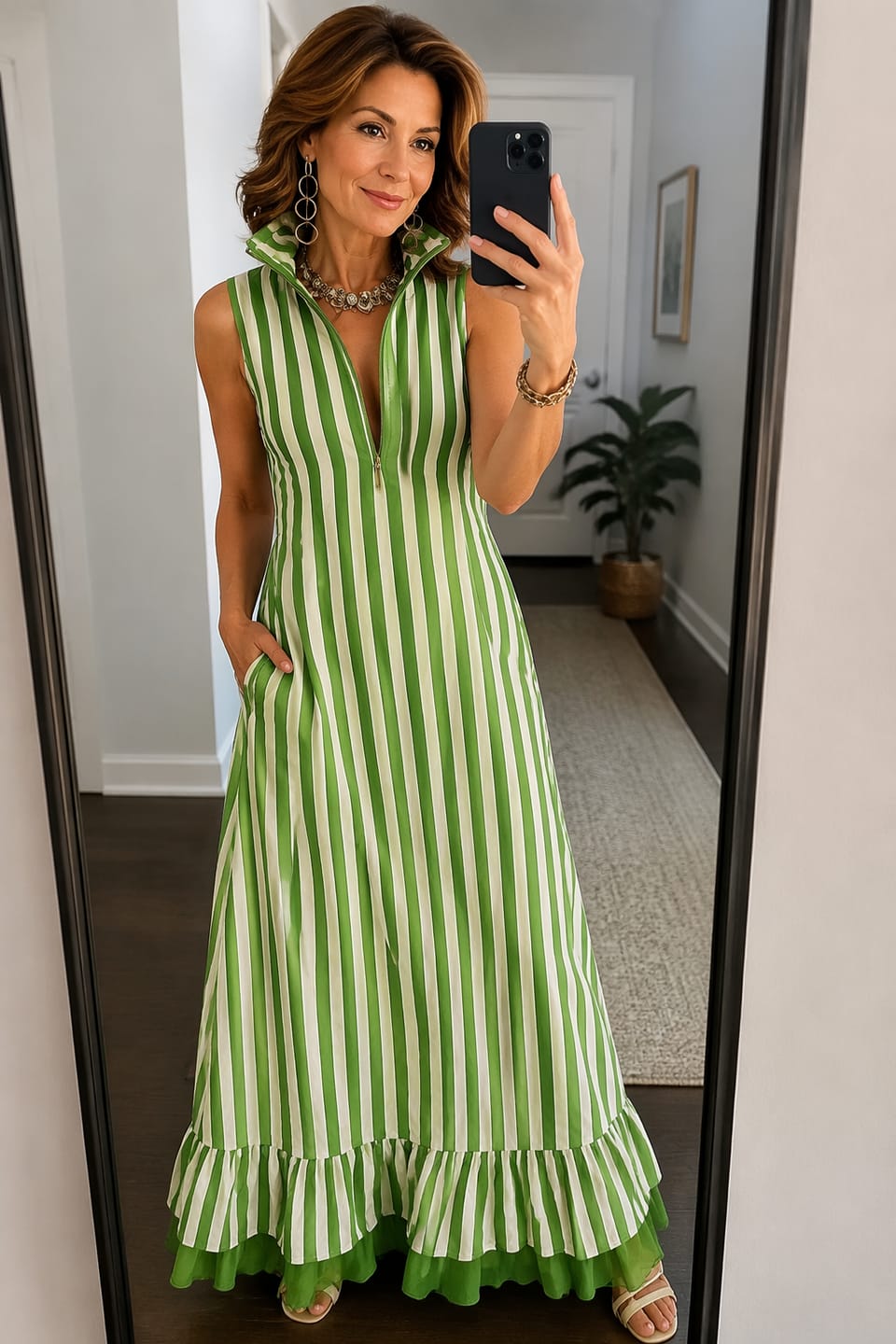 Customer photo review of A-Line Loose Buttoned Contrast Color Pleated Polka Dot Lapel Maxi Dresses