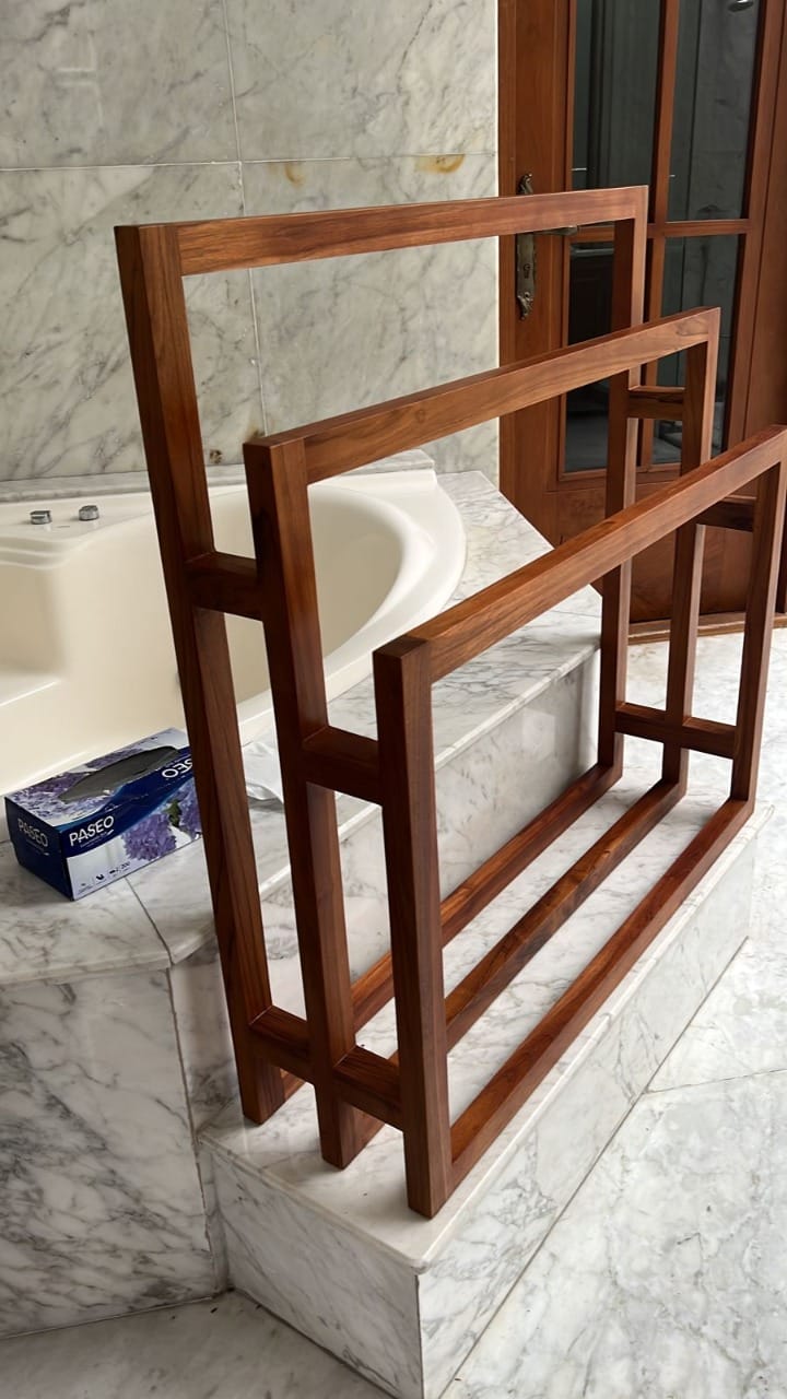 Customer photo review of 91.5 cm Teak Towel & Rug Rack — 3-Tier