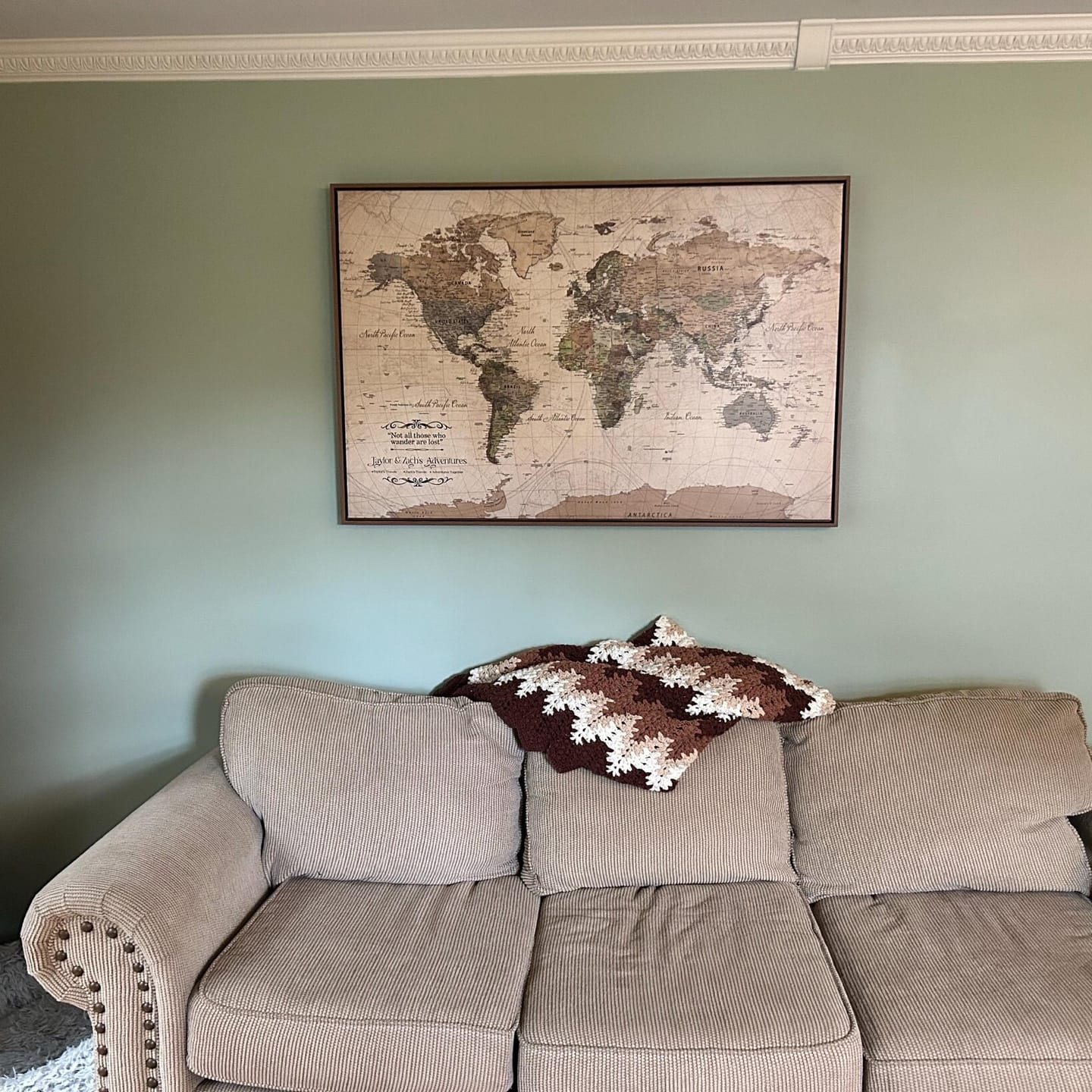 Customer photo review of Custom Push Pin World Map Wall Canvas Print
