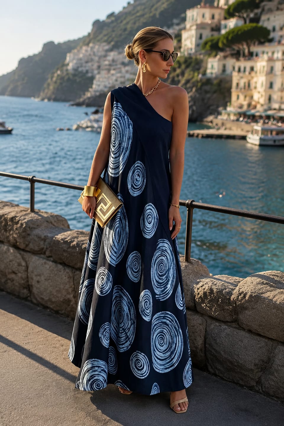 Customer photo review of A-Line Loose Contrast Color Pleated Printed Split-Joint One-Shoulder Maxi Dresses