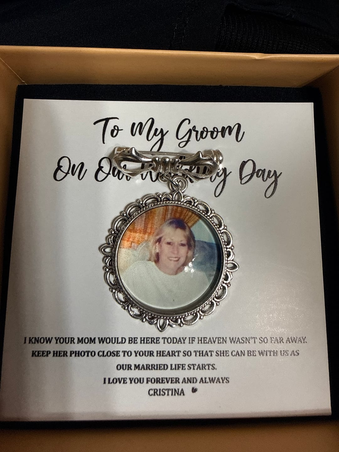 Customer photo review of Keep Photo Close To Your Heart - Custom Memorial Photo Personalized Bow Pin - Wedding Gift For Groom, Bride