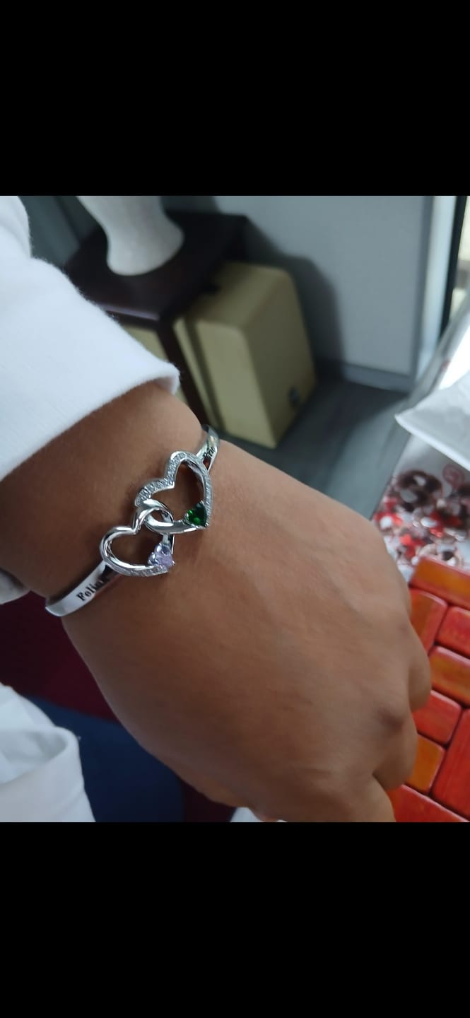 Customer photo review of Personalized Double Heart Birthstone Bangle for Women, Custom Name Engraved
