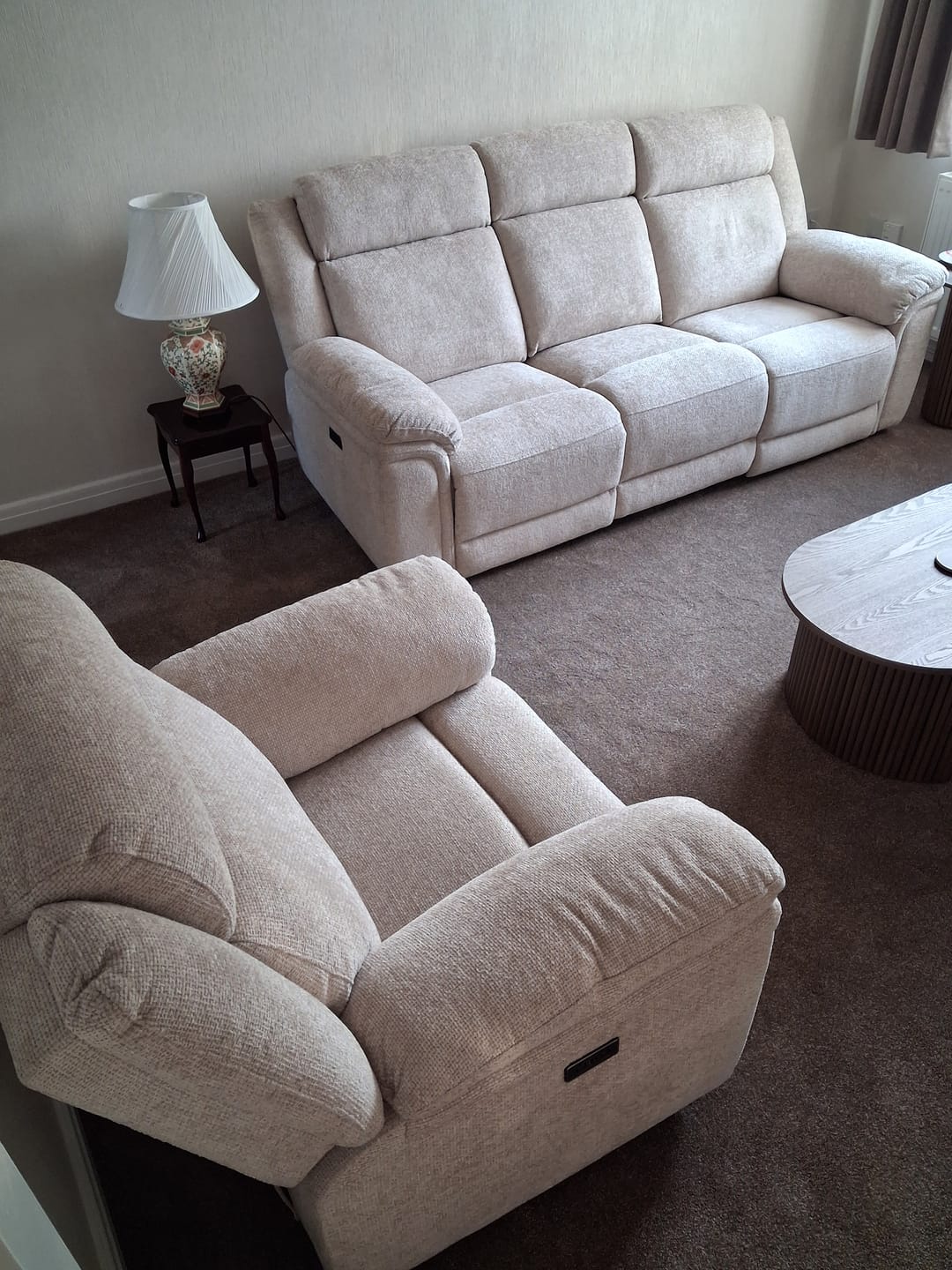 Customer photo review of Trent Fabric Power Reclining 3 Seater & Armchair, Hopsack Truffle