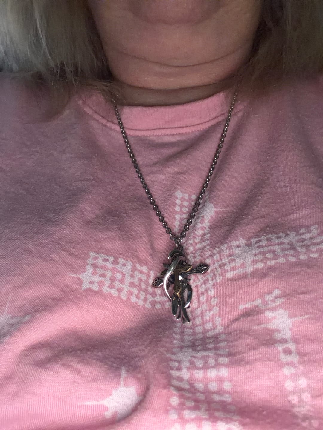 Customer photo review of FREE Today: Ornate Scrollwork Cross Necklace: Two-Tone Design for Devout Daily Wear