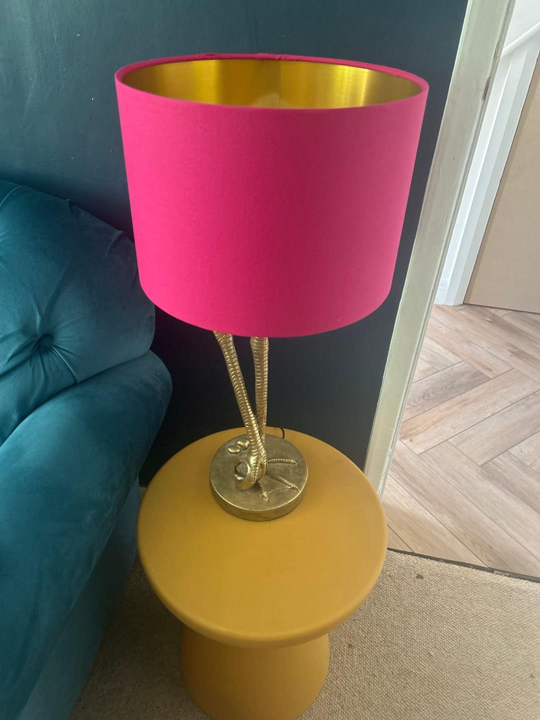 Customer photo review of Cerise Handmade Lampshade with Brushed Gold Lining and 100% cotton fabric