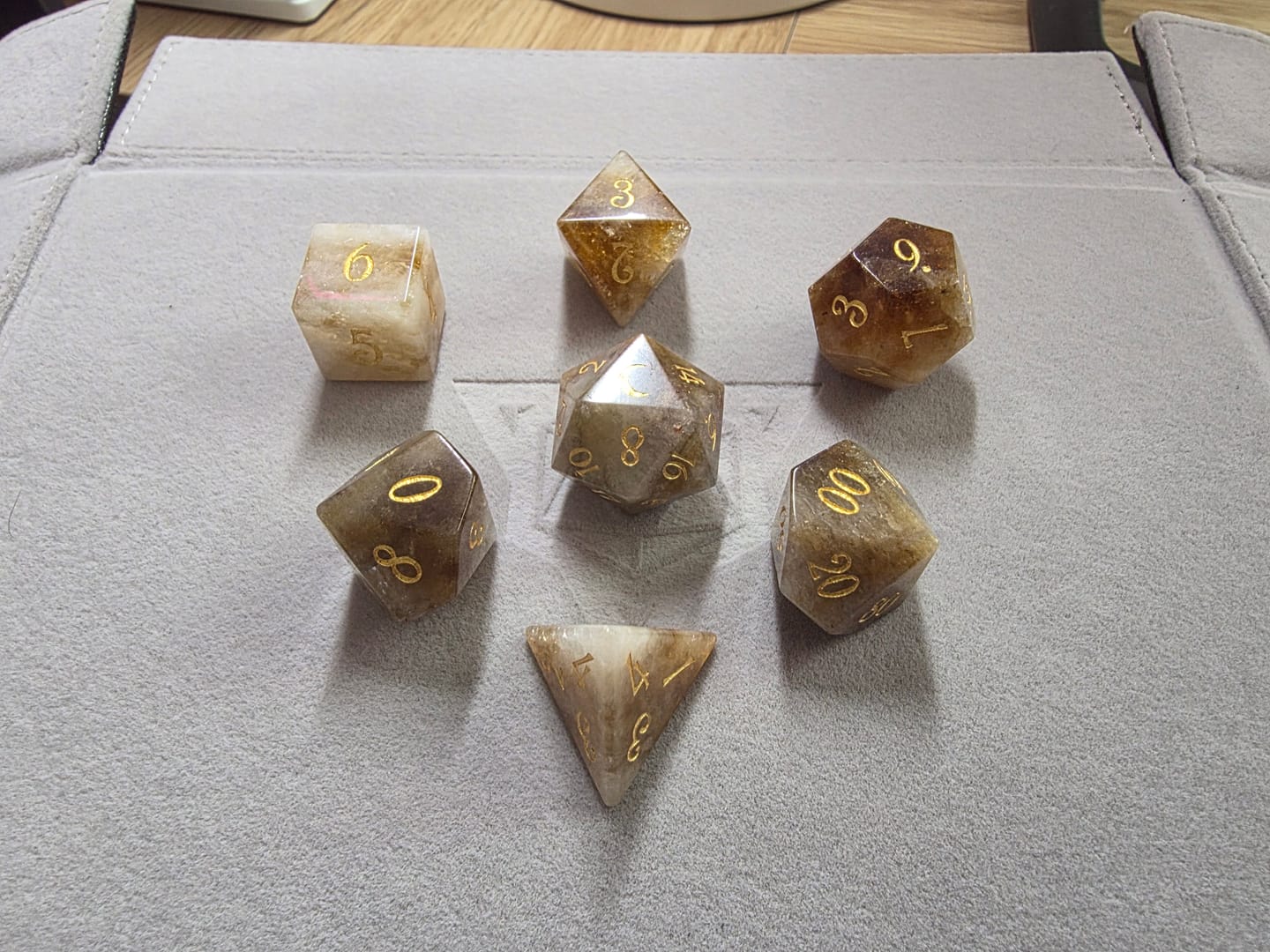 Customer photo review of URWizards D&D Citrine Gemstone Engraved Dice Set(Limited edition)
