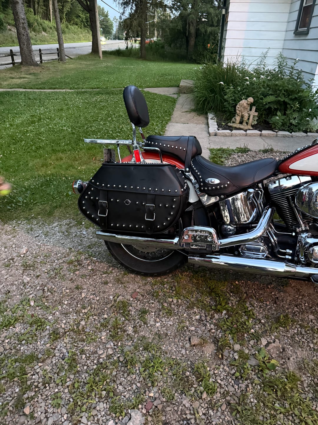 Customer photo review of 35L - Legacy Extra Large Studded Leather Motorcycle Saddlebags for Harley Softail Heritage FLSTC/I