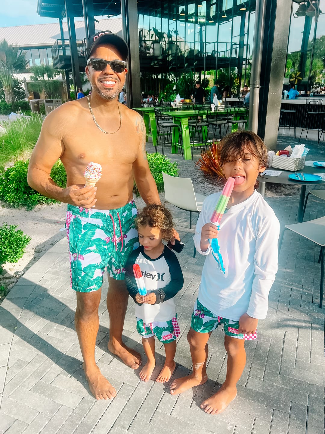 Customer photo review of Hybrid Swim Trunks in Palm Paradise