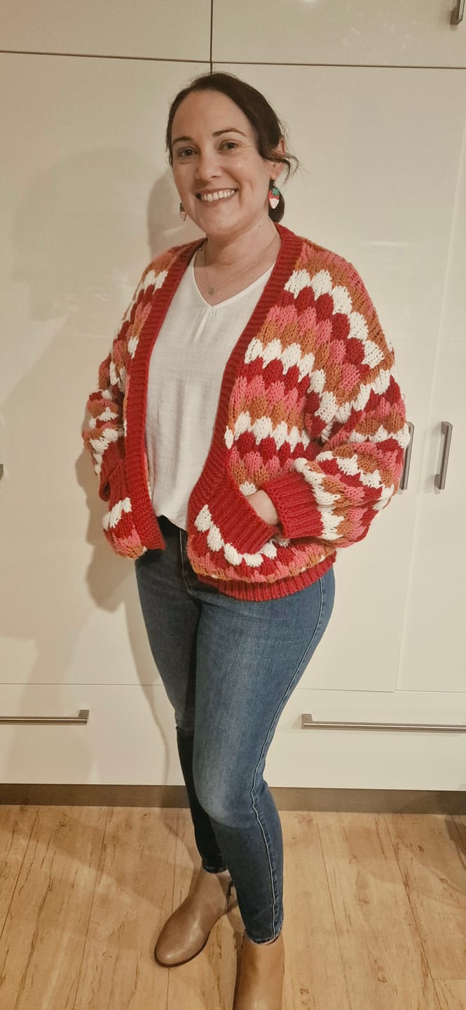 Customer photo review of Haylee Chunky Knit Cardi in Red Multi