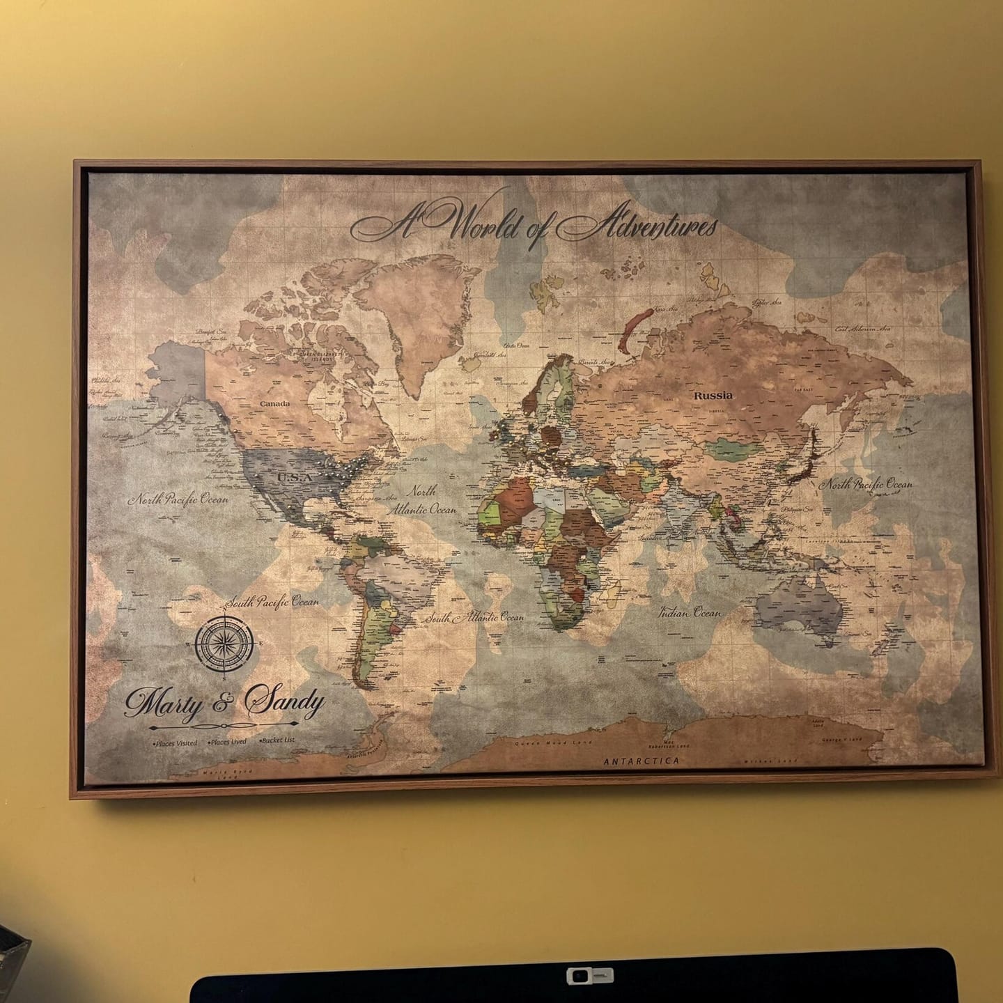 Customer photo review of Customize Push Pin World Map Wall Canvas Print –