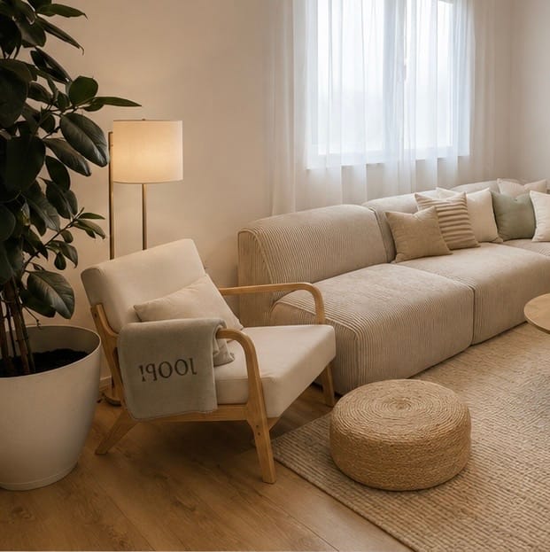 Customer photo review of OHAMA - Fauteuil de salon en bois massif et velours côtelé beige