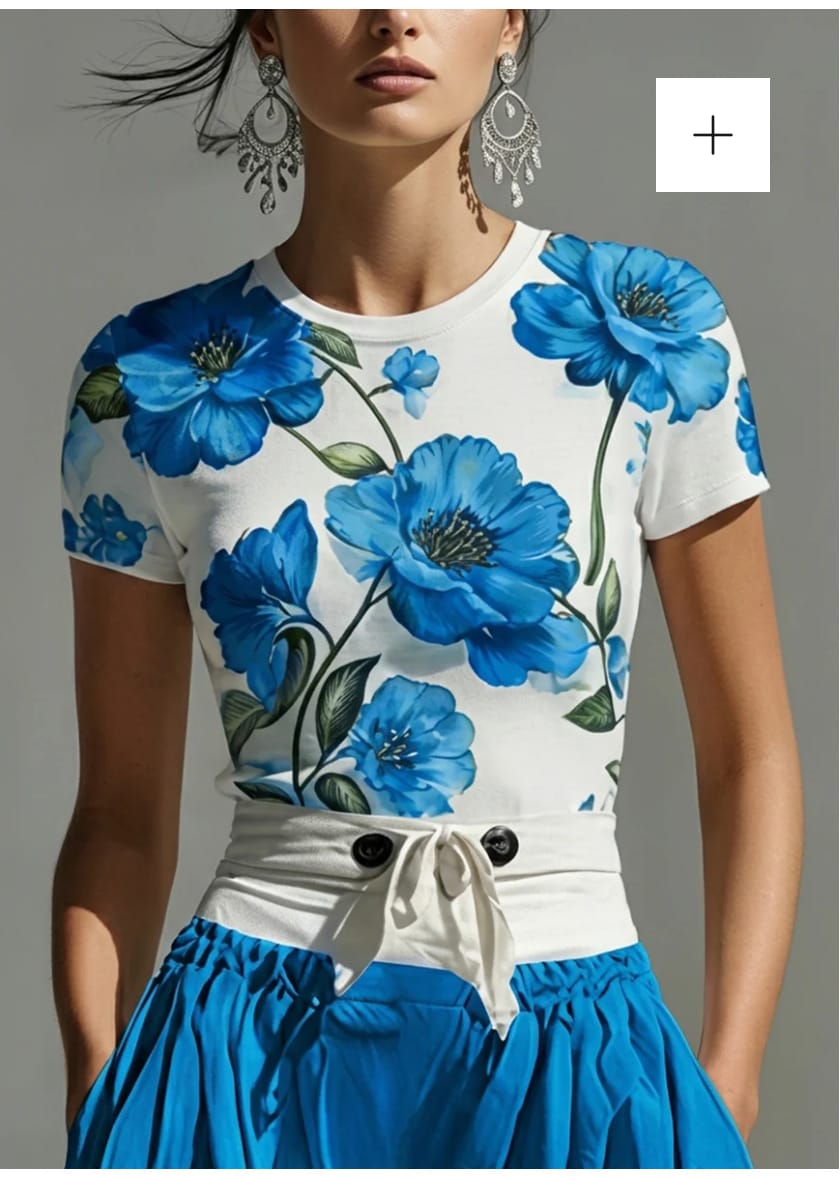Customer photo review of Short Sleeves Contrast Color Flower Print Round-Neck T-Shirts Tops
