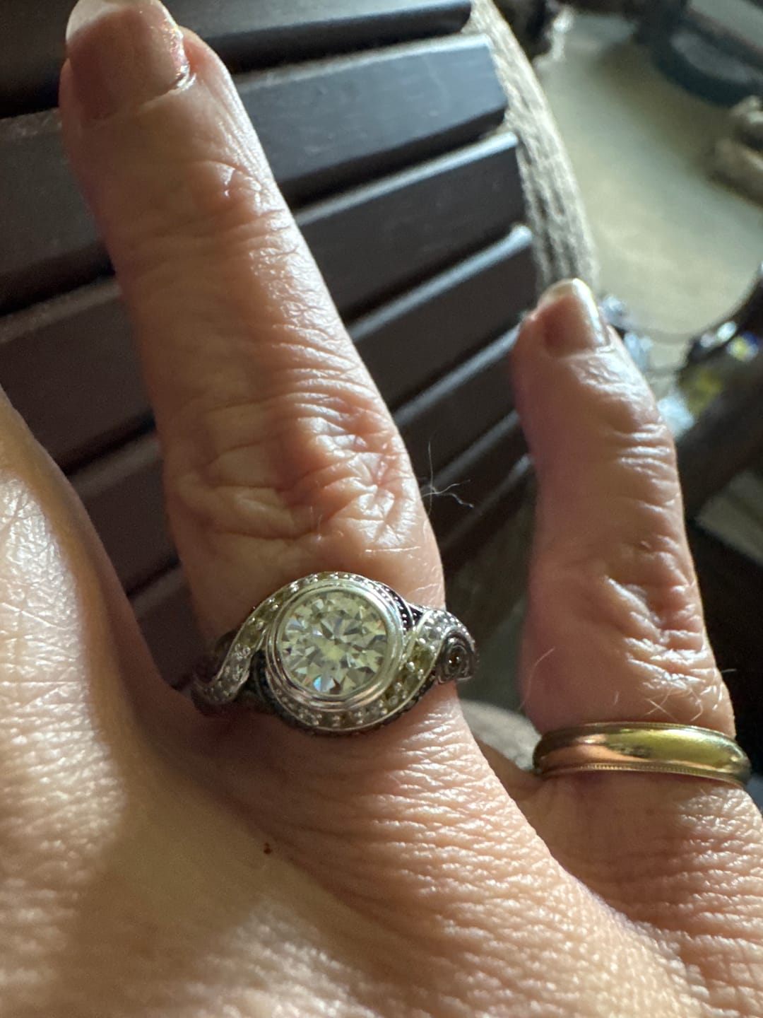 Customer photo review of "The Starry Night" Inspired Bezel Moissanite Blue & Yellow Sapphire Engagement Ring