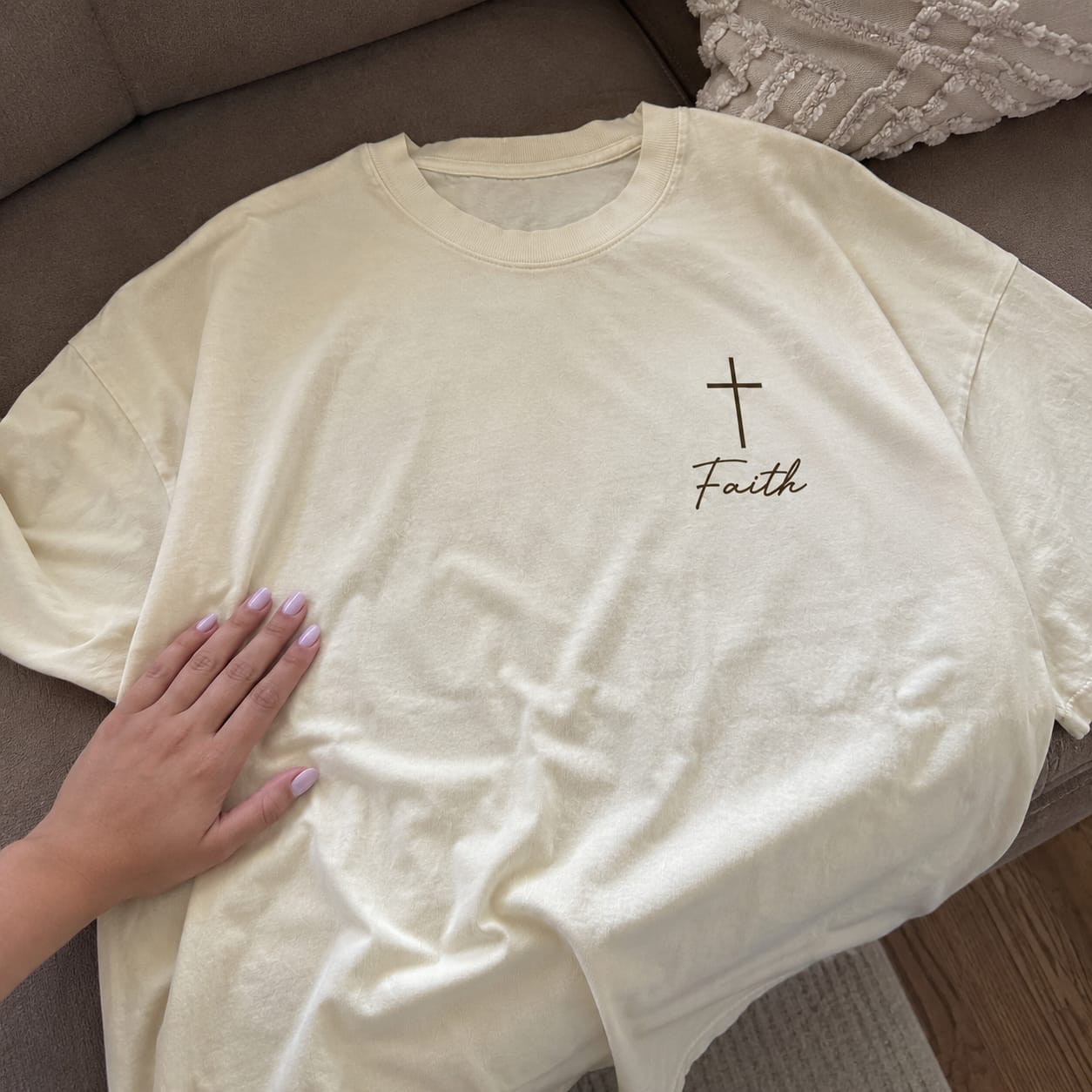 Customer photo review of Faith Washed T-Shirt - Vintage Wash Unisex Tee, Christian Faith Graphic Tshirt