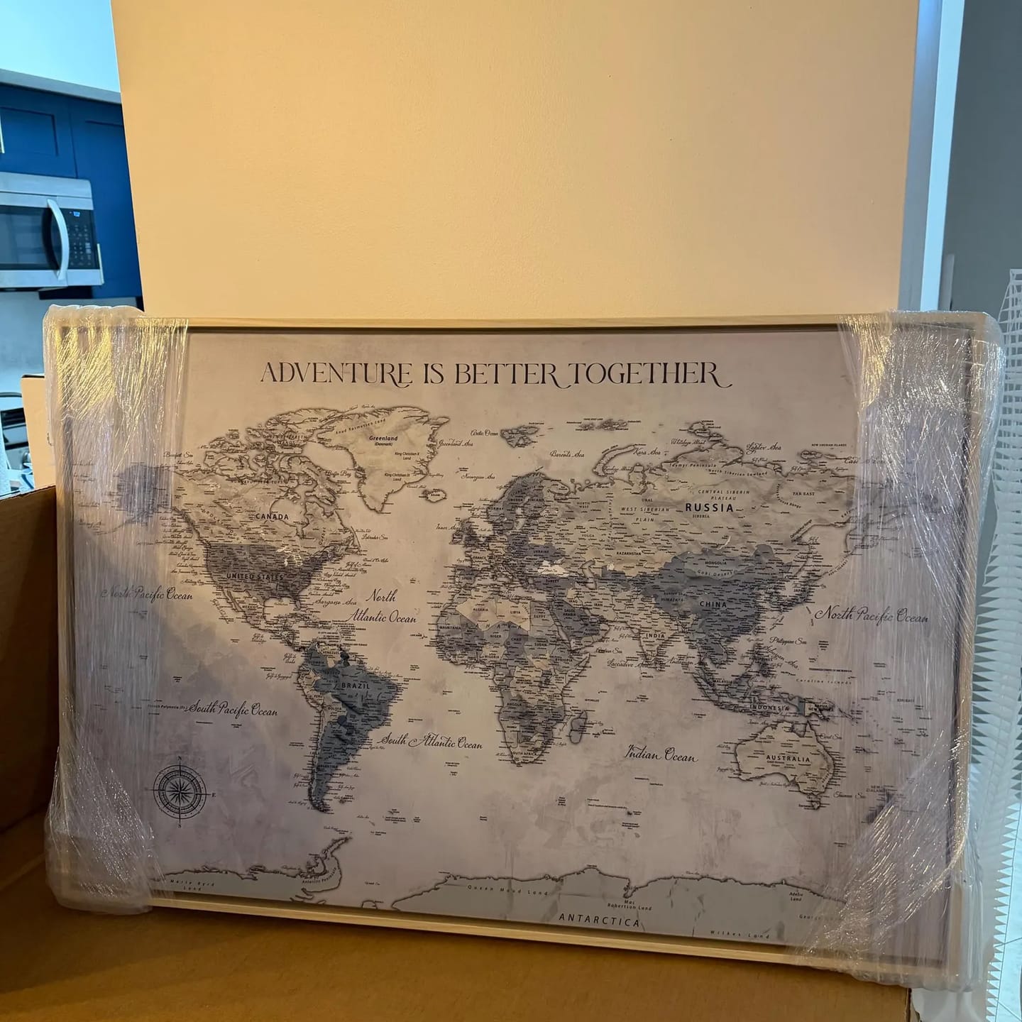 Customer photo review of Personalized Push Pin World Map Canvas – Custom Framed
