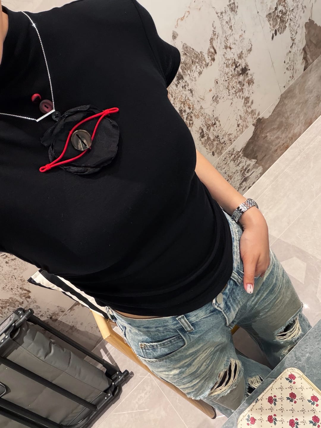 Customer photo review of DOINDULGE Ruched Fitted Tee with Deconstructed Eye Button Detail