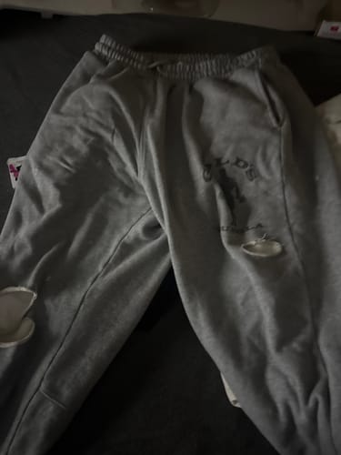 Reviewer's grey Gold's Iron Legacy Layered Joggers laid out, showing the ripped detailing and logo.