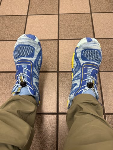 Customer's top-down view of their blue patterned Active II Pro Barefoot Shoes, highlighting the wide toe box.