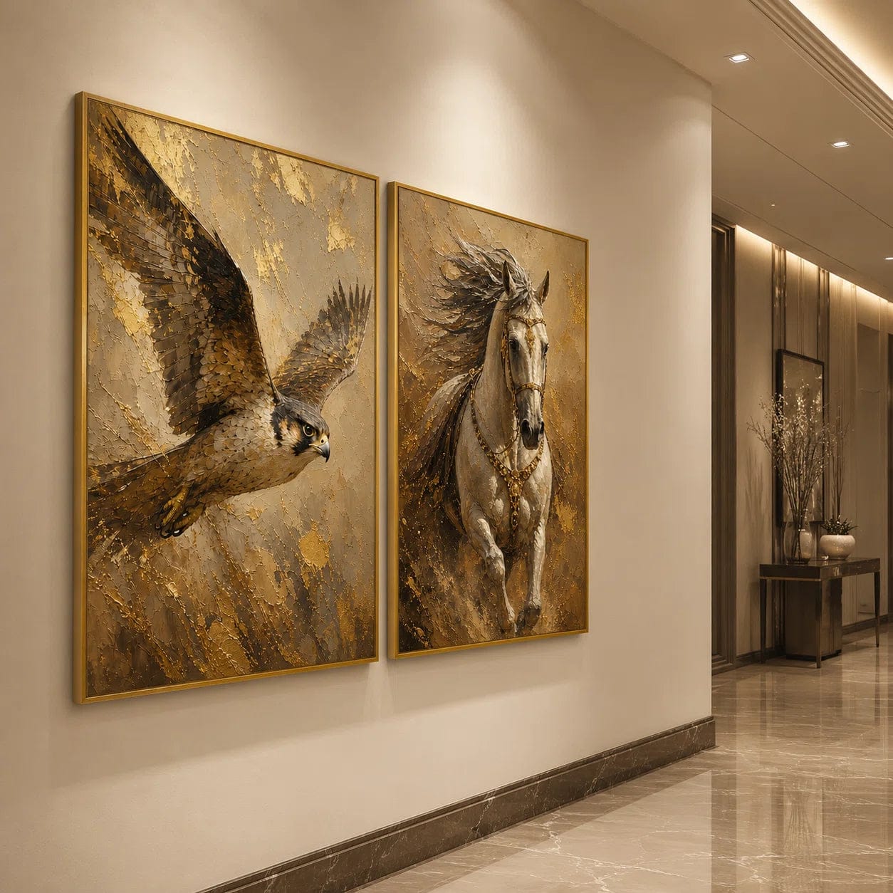 Customer photo review of Artura Paint | The Golden Horizon: Falcon & Arabian Horse  (Bespoke Gallery Diptych Set)