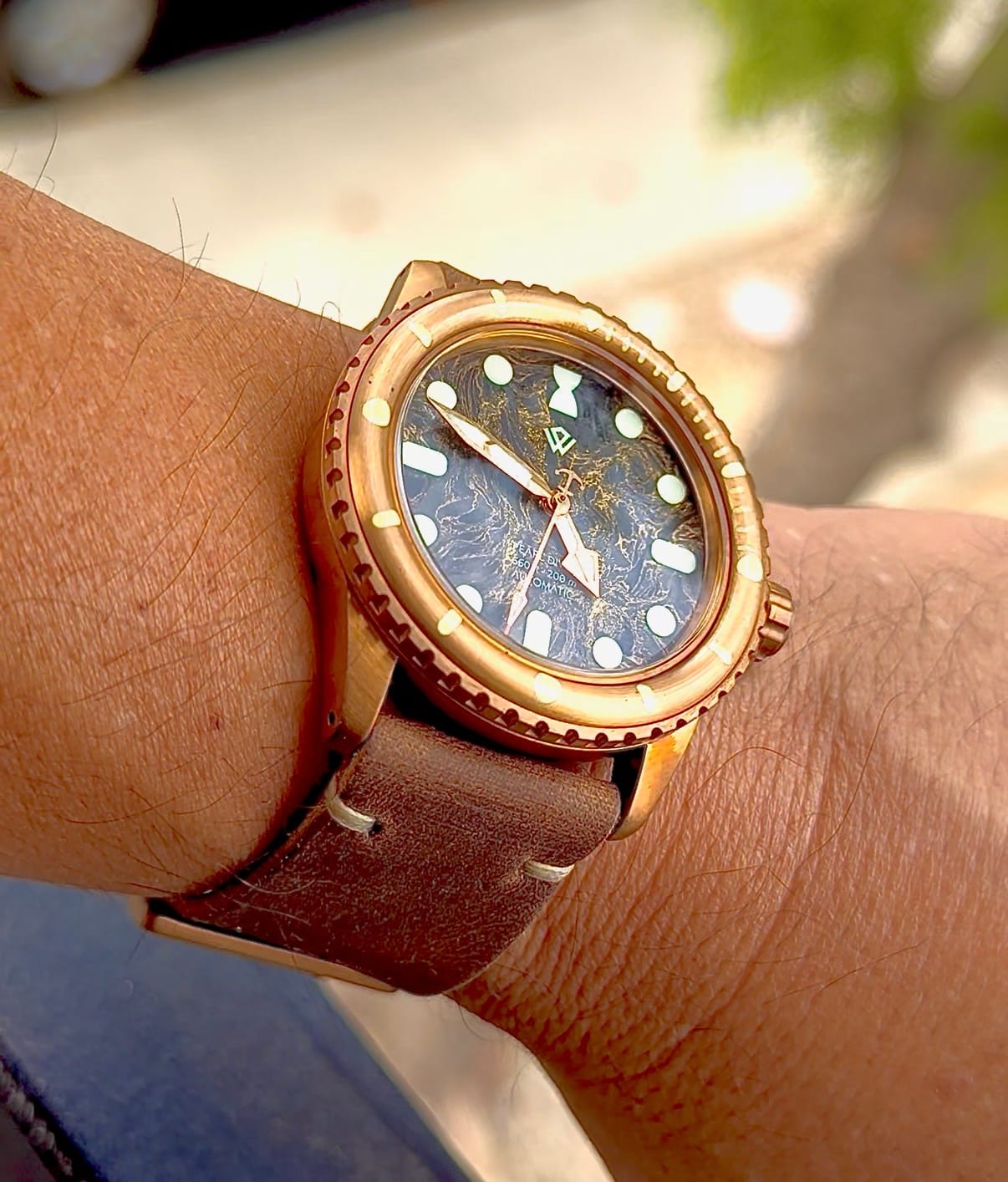 Customer photo review of Walnut Crazy Horse Leather Watch Strap, Natural Thread