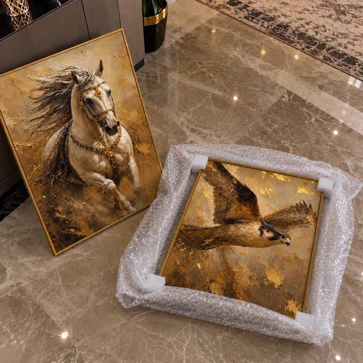 Customer photo review of Artura Paint | The Golden Horizon: Falcon & Arabian Horse  (Bespoke Gallery Diptych Set)