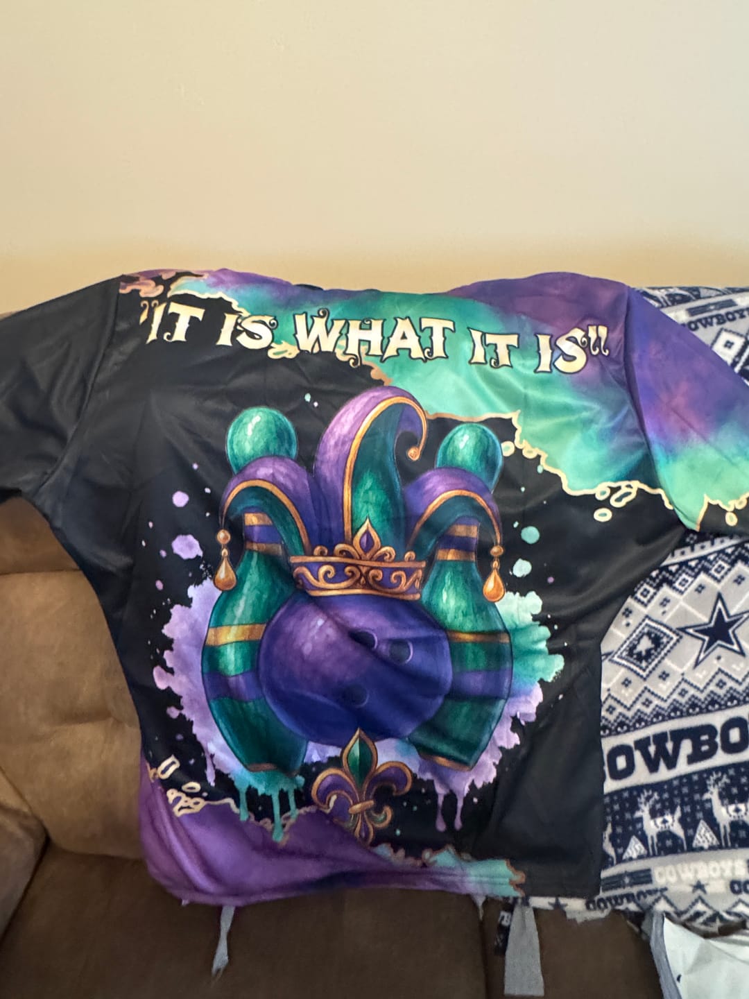 Customer photo review of Maxcorners Bowling Mardi Gras Mask Personalized Name 3D Unisex Shirt