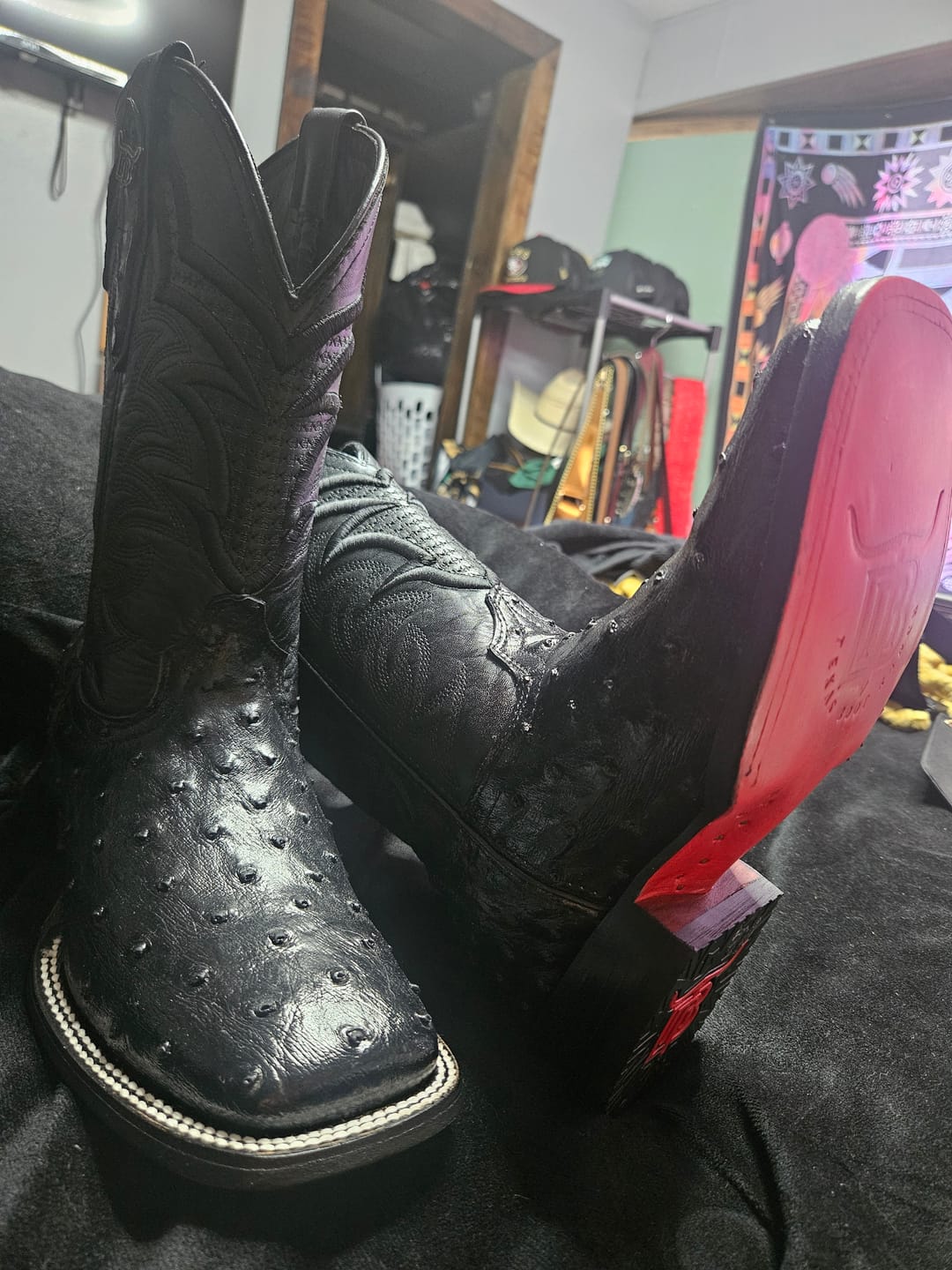 Customer photo review of Black Ostrich Leather Boots - Square Toe
