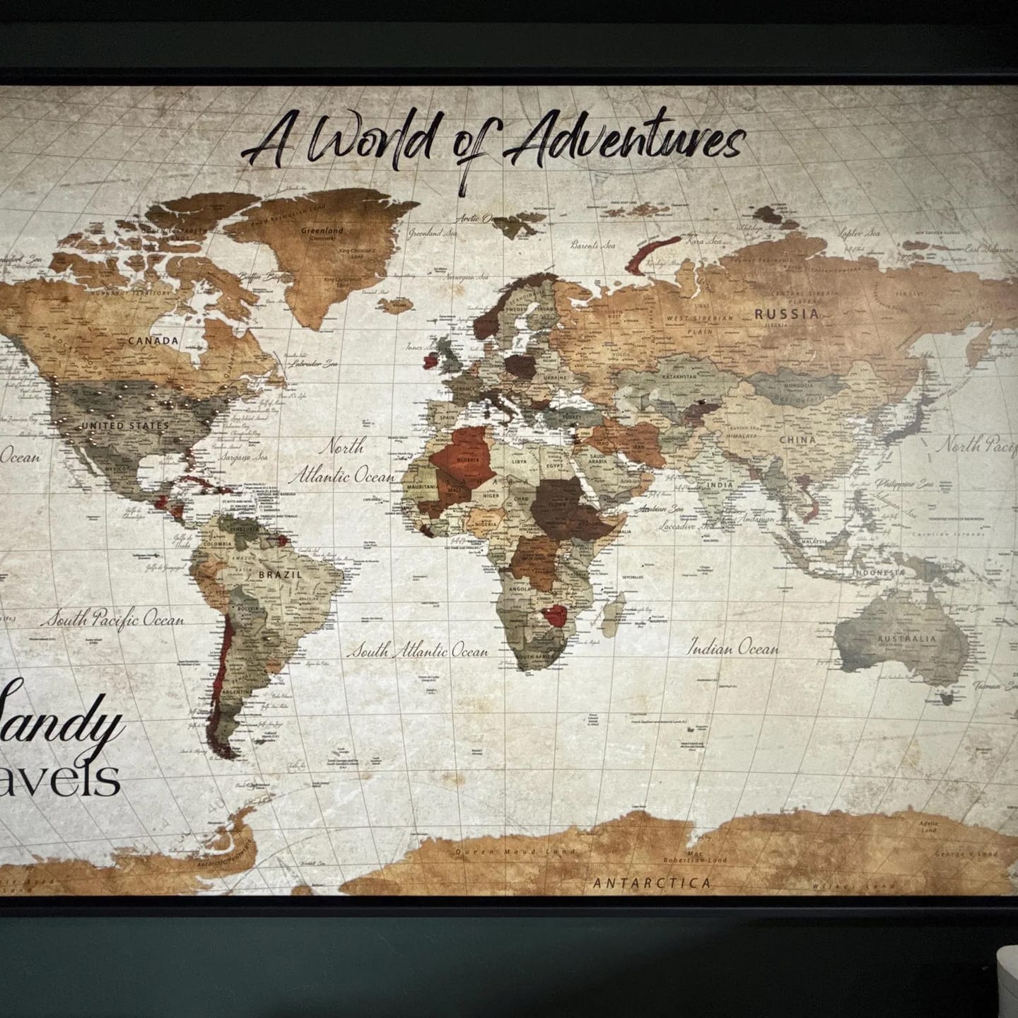 Customer photo review of Custom Push Pin World Map Wall Canvas Print