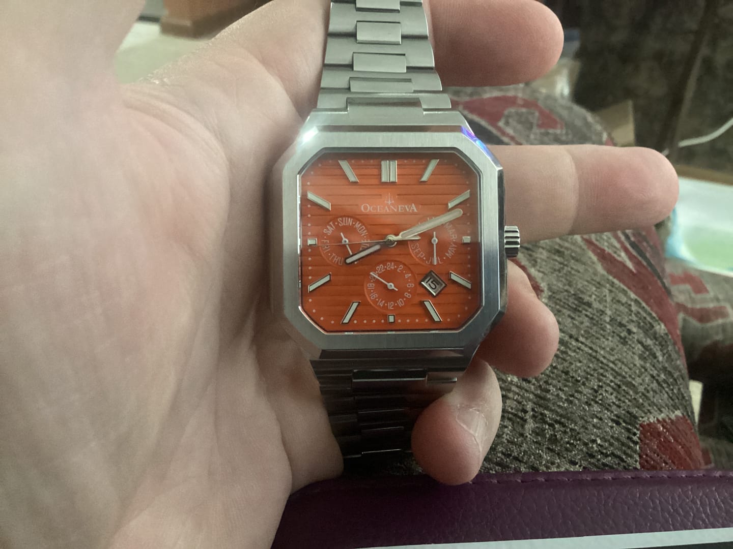 Customer photo review of Oceaneva Mens Tenuis Automatic Calendar Thin Watch Orange Dial