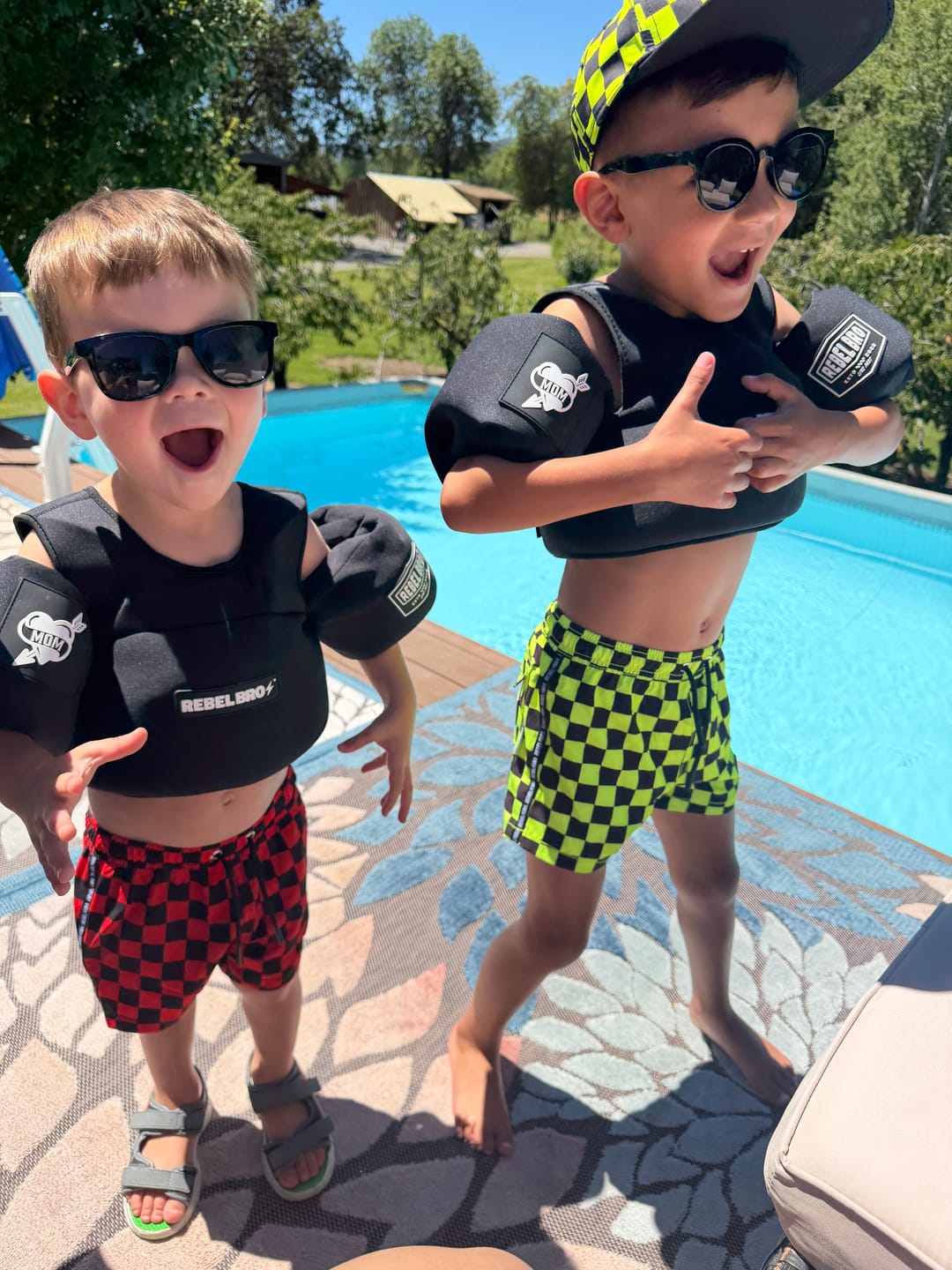 Customer photo review of Hybrid Swim Trunks in Americana Red + Black Checkered