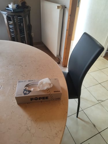Photo d'un client montrant la boîte de mouchoirs TRIPLE Épaisseur posée sur une table.