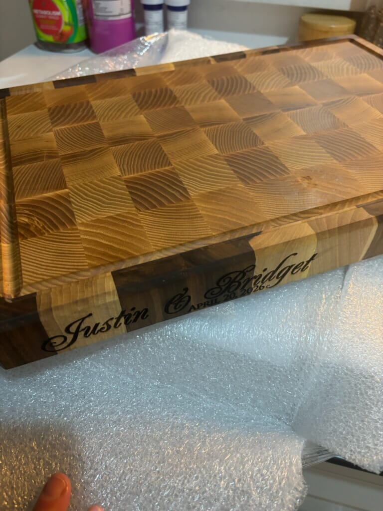 Customer photo review of Personalized Double-sided Walnut and Cherry End Grain Cutting Board