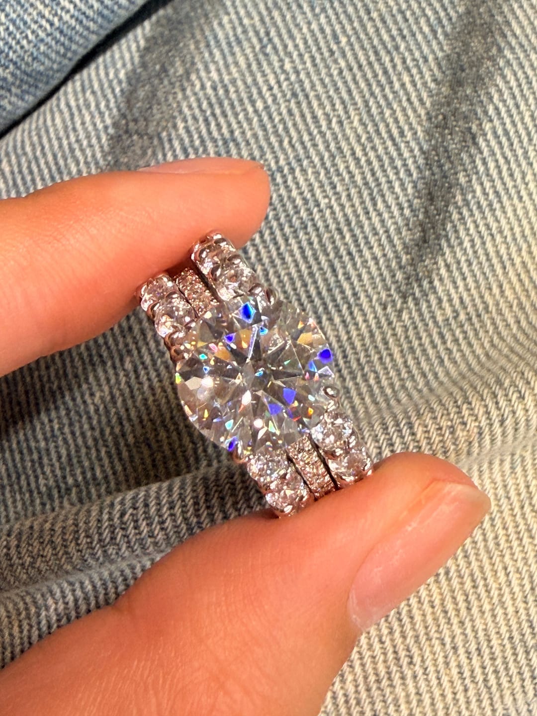 Customer photo review of Moissanite 4.0Ct Round Cut White Gold Bridal Ring Set