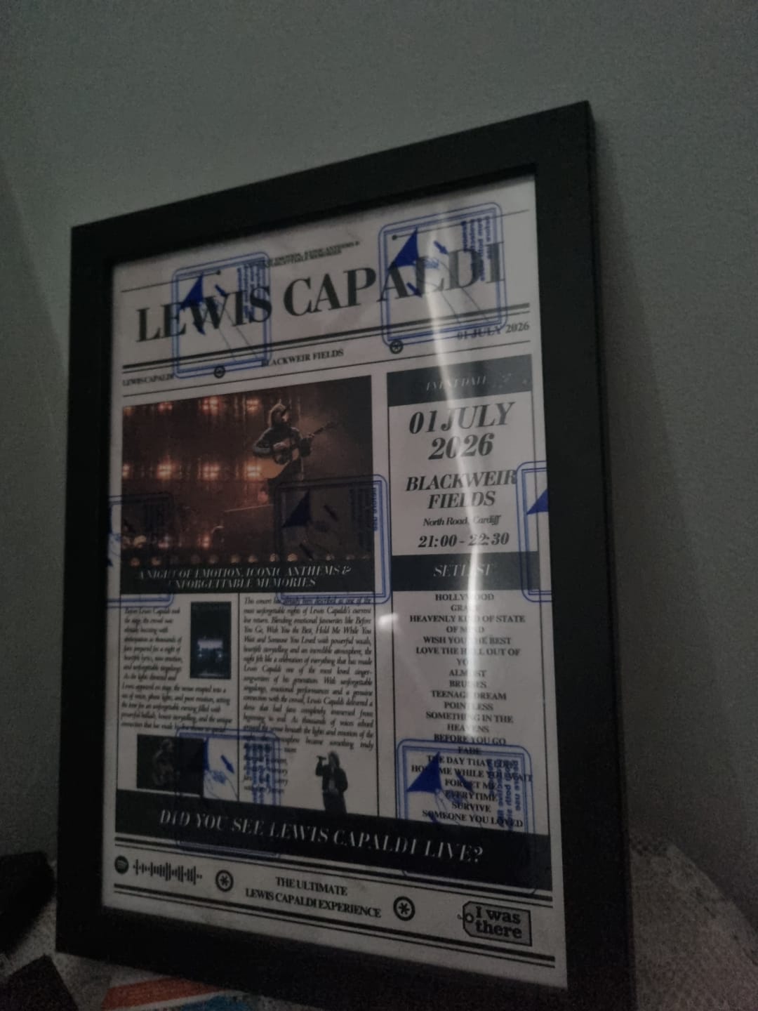 Customer photo review of Lewis Capaldi - Personalised Newspaper Style Concert Poster