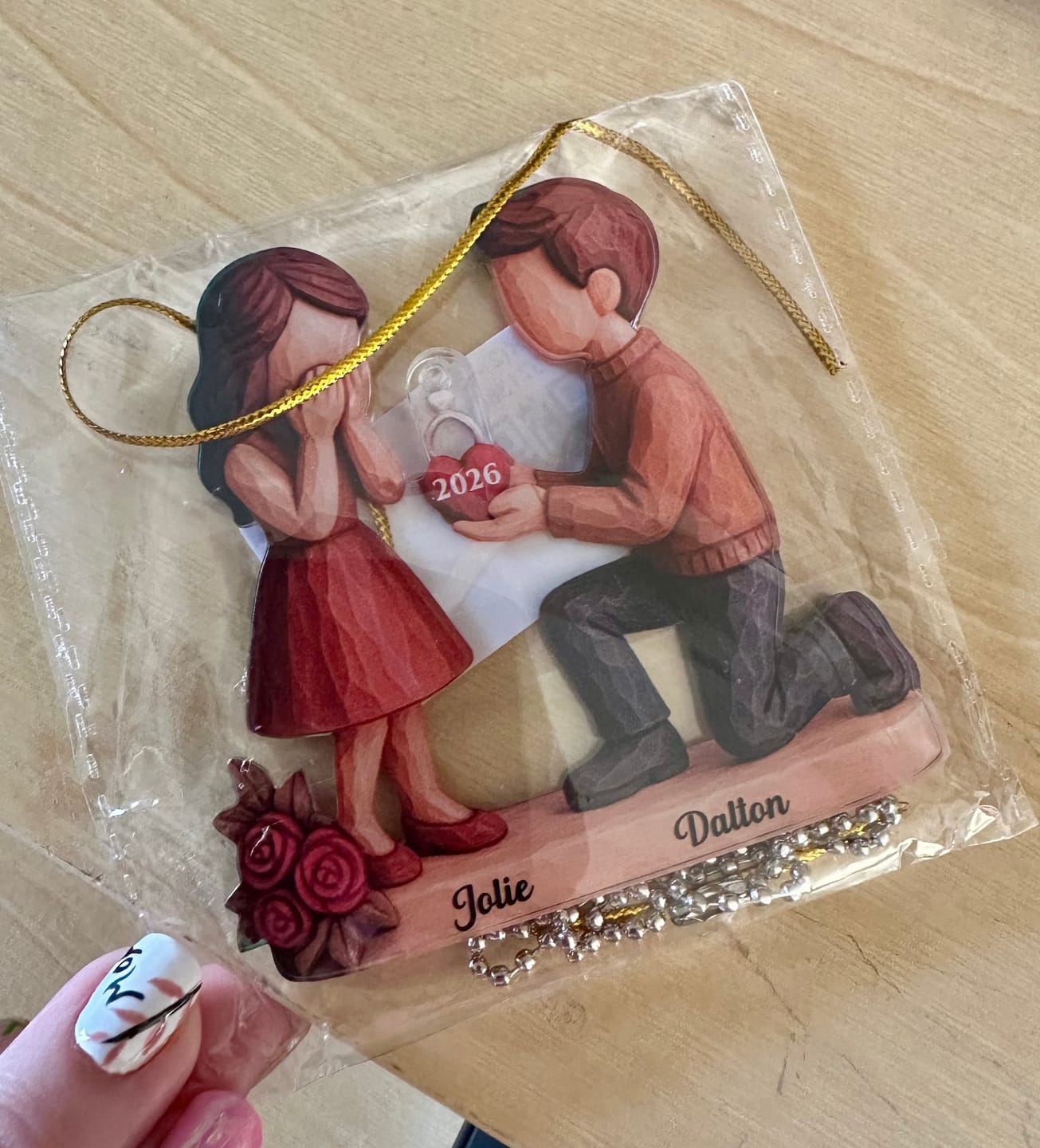 Customer photo review of Couple Marriage Proposal - Personalized Acrylic Ornament - Newly Engaged Gift, "She Said Yes!" Ornament, Just Engaged Gifts for Couples